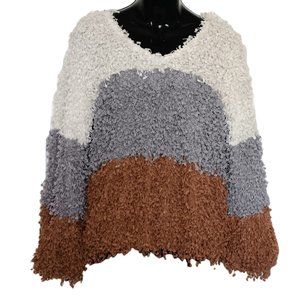 Blu Pepper Fringe Shag Long Sleeve Top Sweater Cream Gray Brown Small